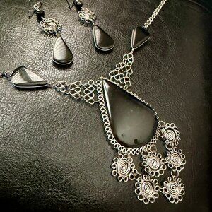Handmade bent wire and flawless black onyx necklace and earrings set